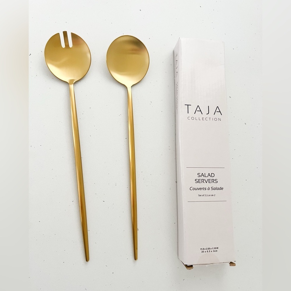 NWT Taja Collection Gold Salad Servers Stainless Steel Modern Entertaining Set